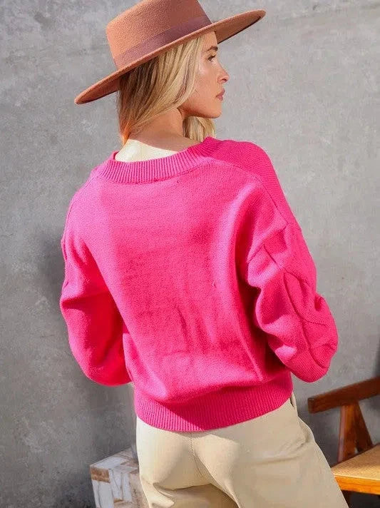 Relaxed Elegance V-Neck Cable Knit Sweater