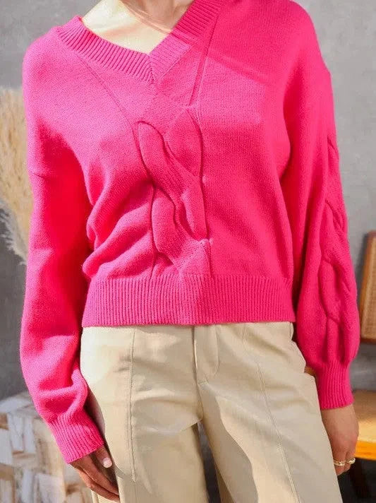 Relaxed Elegance V-Neck Cable Knit Sweater