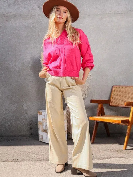 Relaxed Elegance V-Neck Cable Knit Sweater