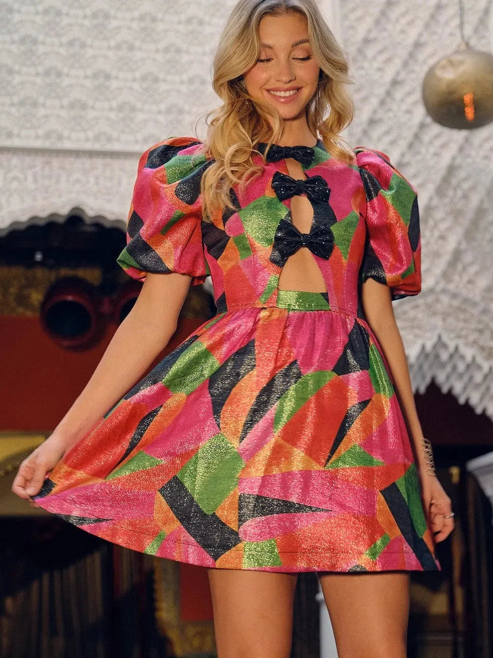 Rich in Color Metallic Cut-out Bow Tie Mini Flare Dress with Puff Sleeves