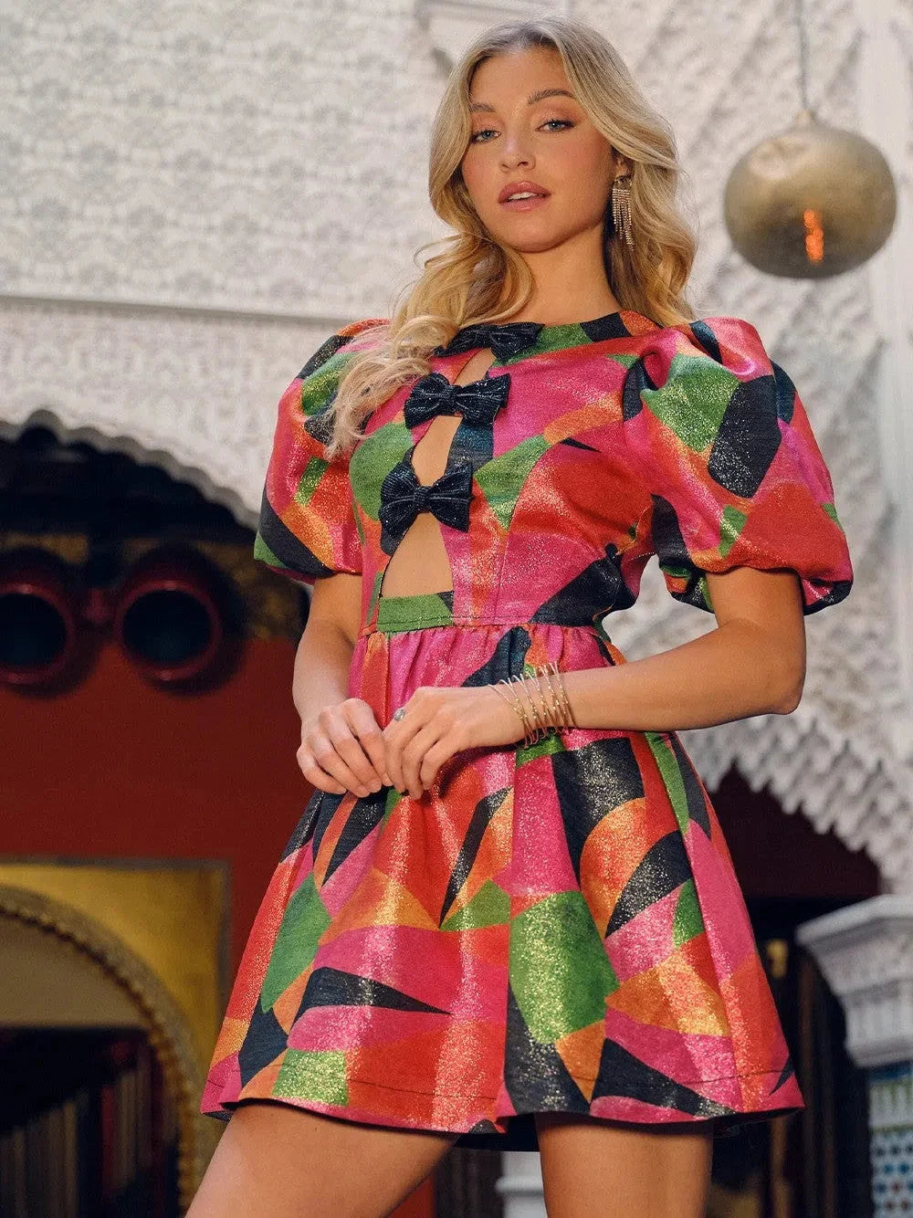 Rich in Color Metallic Cut-out Bow Tie Mini Flare Dress with Puff Sleeves