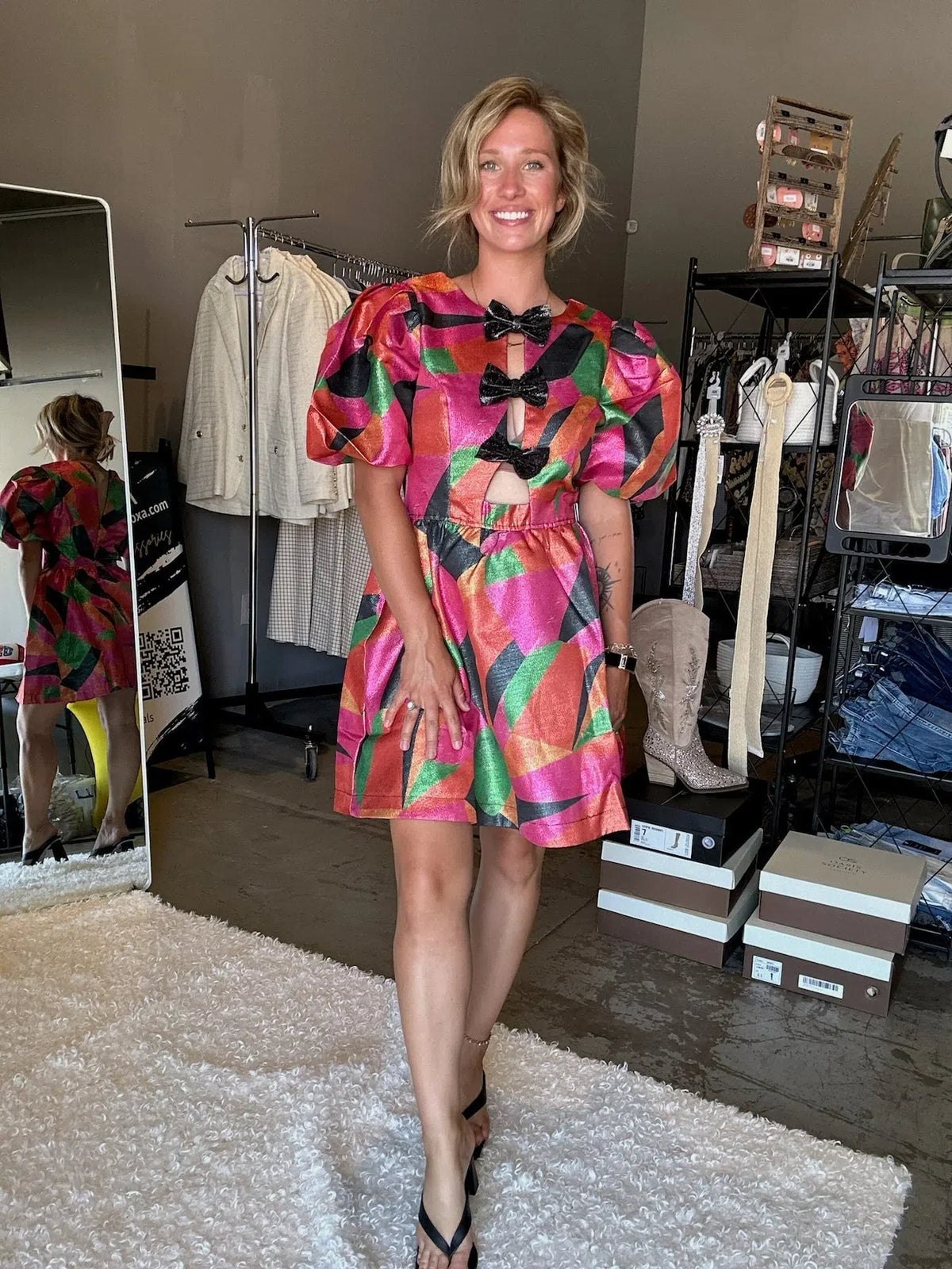 Rich in Color Metallic Cut-out Bow Tie Mini Flare Dress with Puff Sleeves