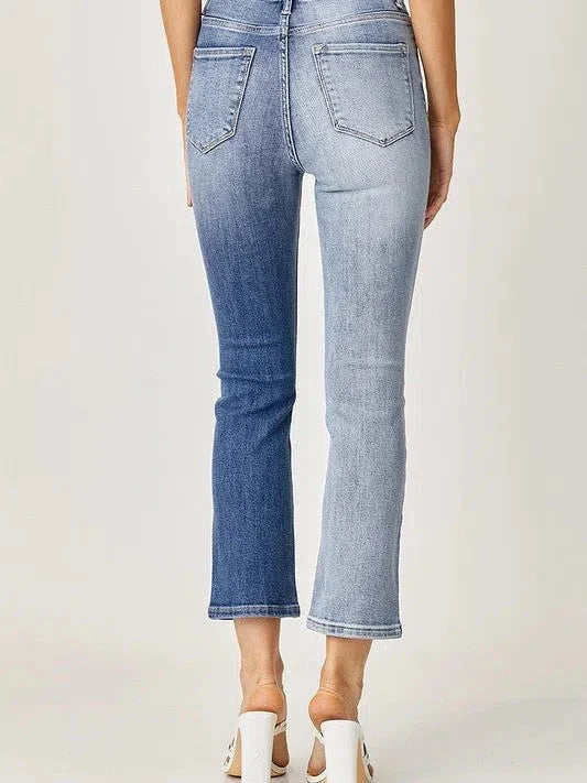 Two-Tone High Rise Straight Leg Jeans