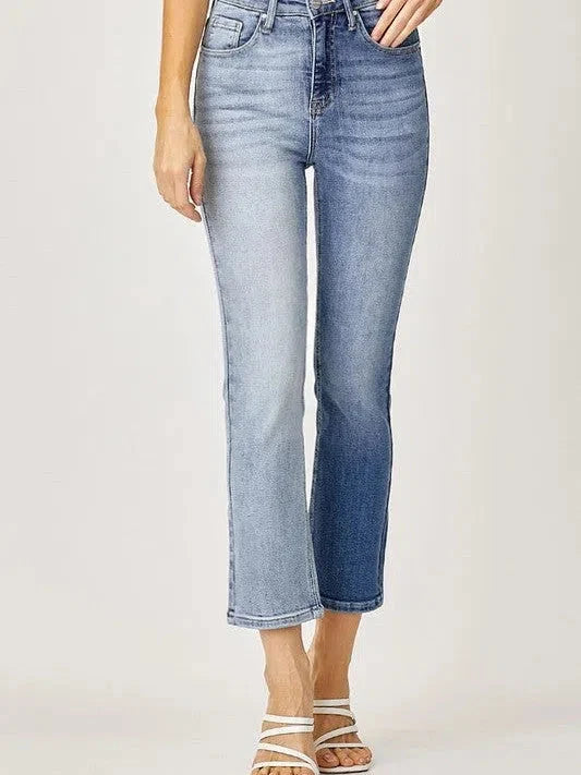Two-Tone High Rise Straight Leg Jeans