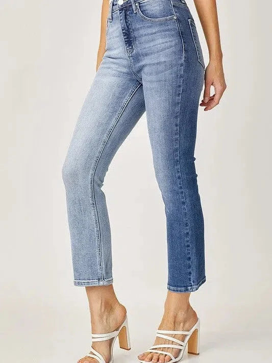 Two-Tone High Rise Straight Leg Jeans