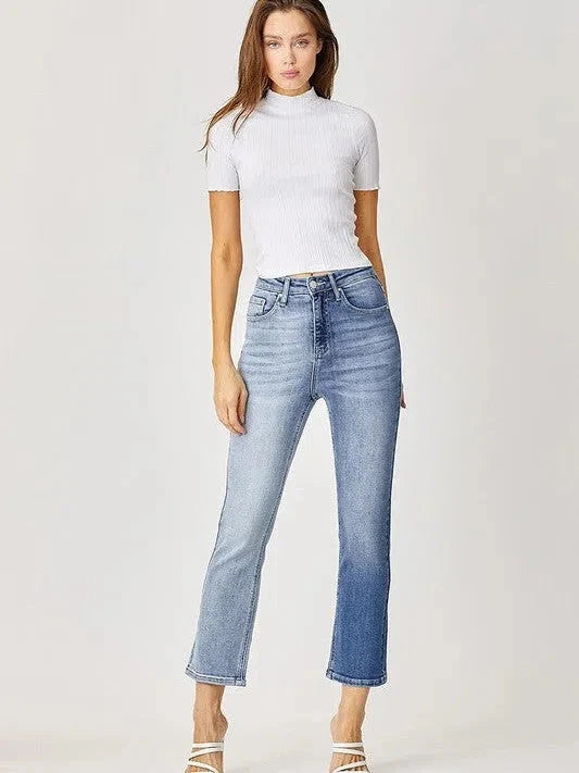 Two-Tone High Rise Straight Leg Jeans