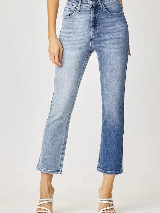 Two-Tone High Rise Straight Leg Jeans
