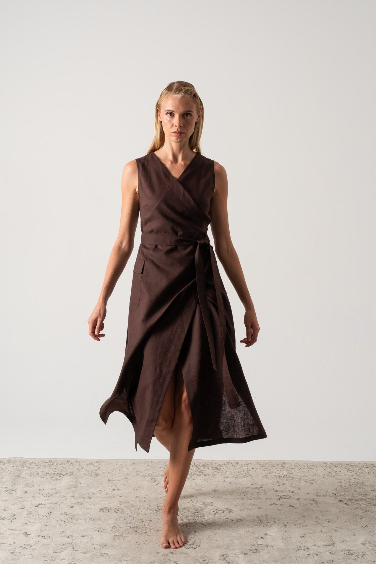 Safari Linen Wrap Dress Brown Espresso