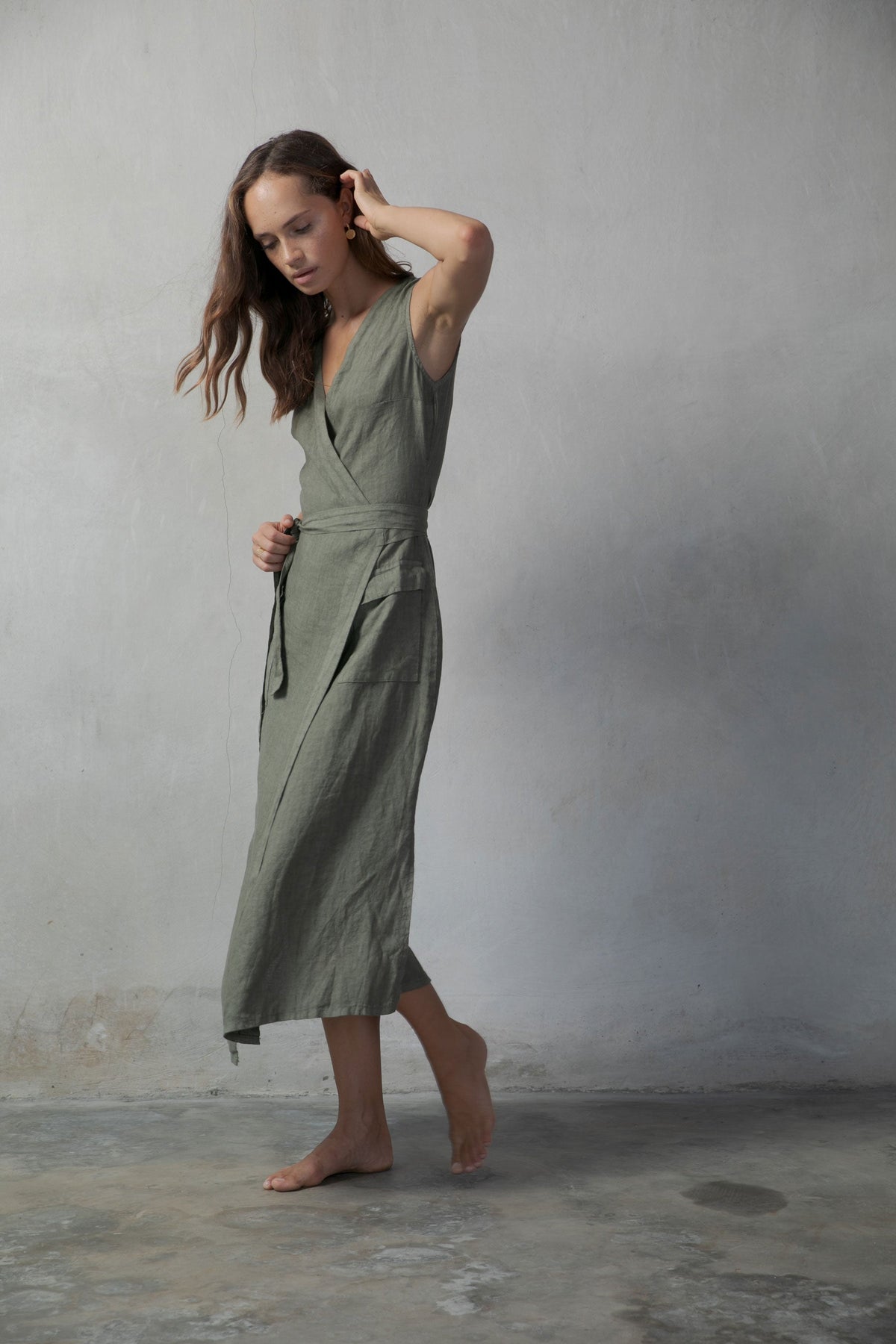 Safari Linen Wrap Dress Khaki