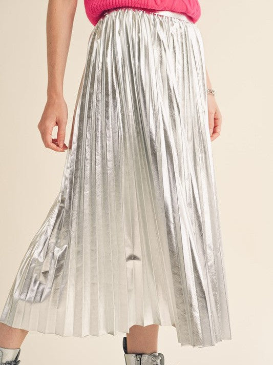 Metallic Pleated Midi Skirt