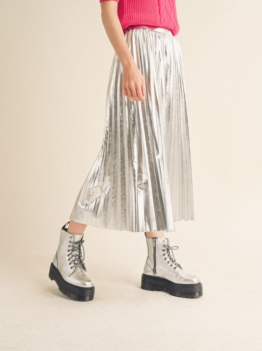 Metallic Pleated Midi Skirt