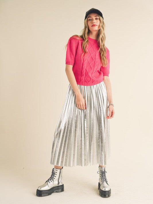 Metallic Pleated Midi Skirt