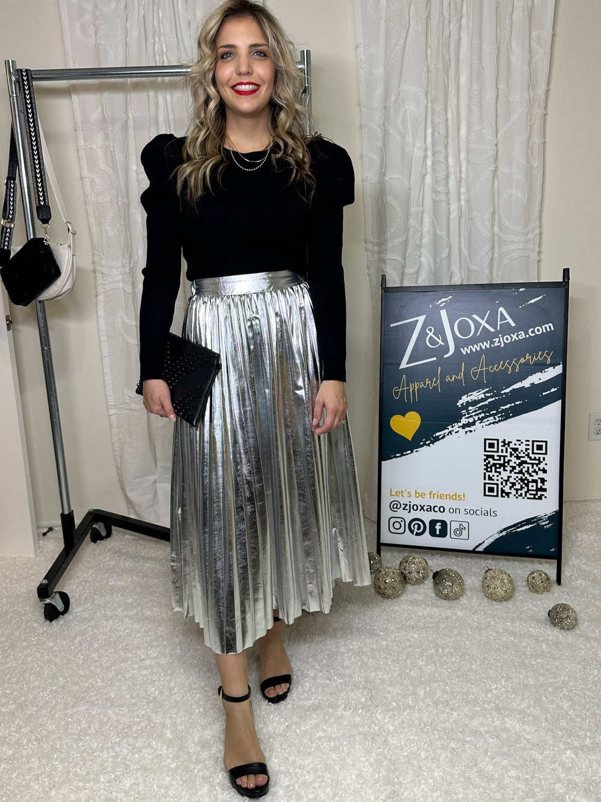 Metallic Pleated Midi Skirt