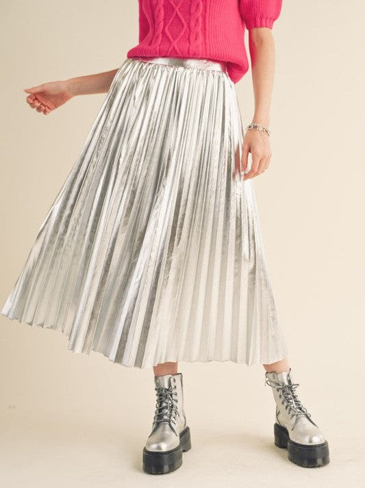 Metallic Pleated Midi Skirt