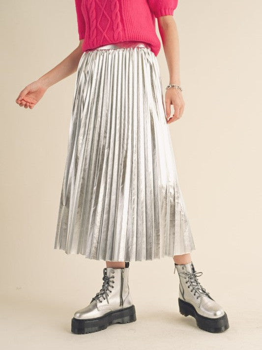 Metallic Pleated Midi Skirt