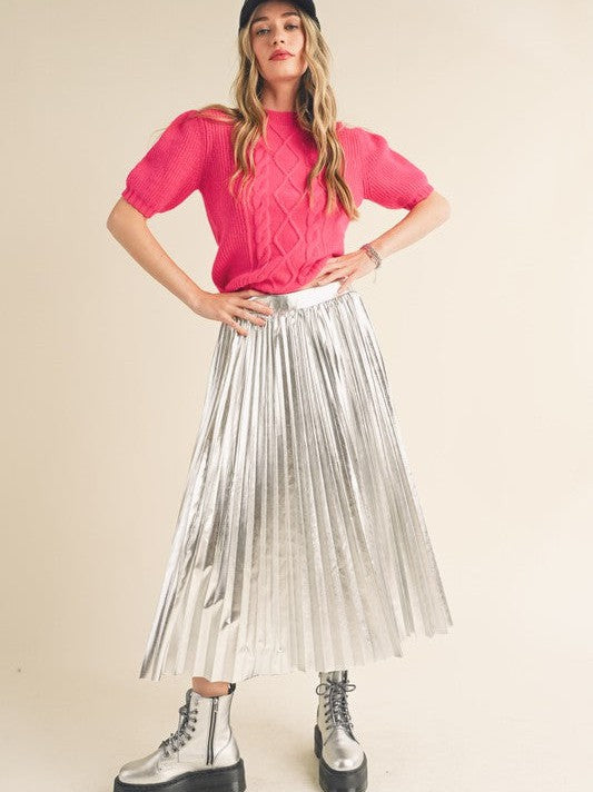 Metallic Pleated Midi Skirt
