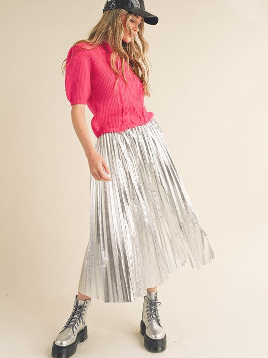 Metallic Pleated Midi Skirt