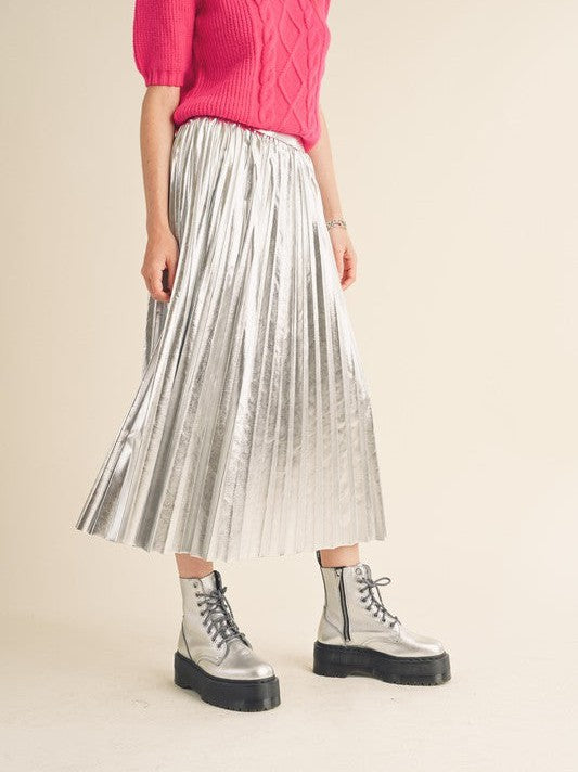 Metallic Pleated Midi Skirt