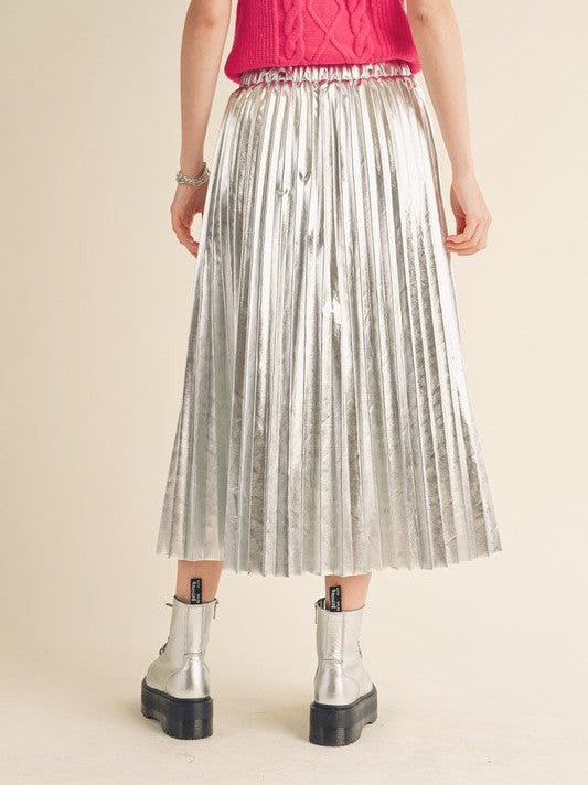 Metallic Pleated Midi Skirt