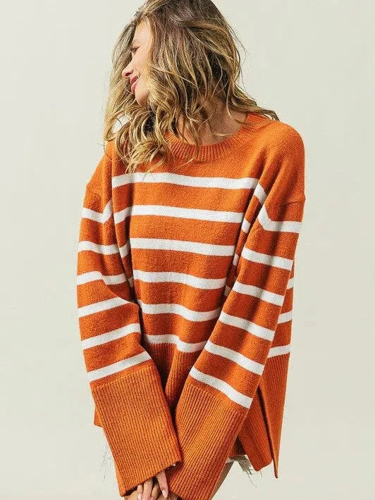 Oversized Ribbed Hem Striped Sweater