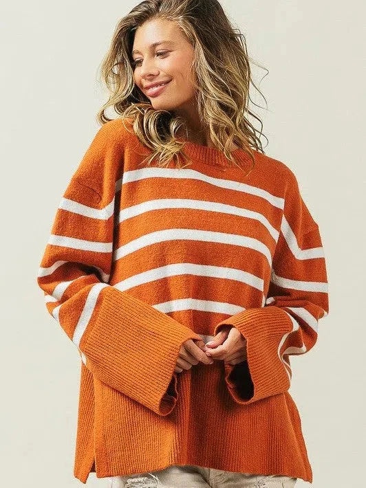 Oversized Ribbed Hem Striped Sweater