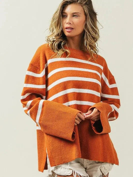Oversized Ribbed Hem Striped Sweater