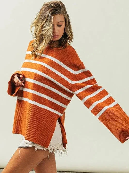 Oversized Ribbed Hem Striped Sweater