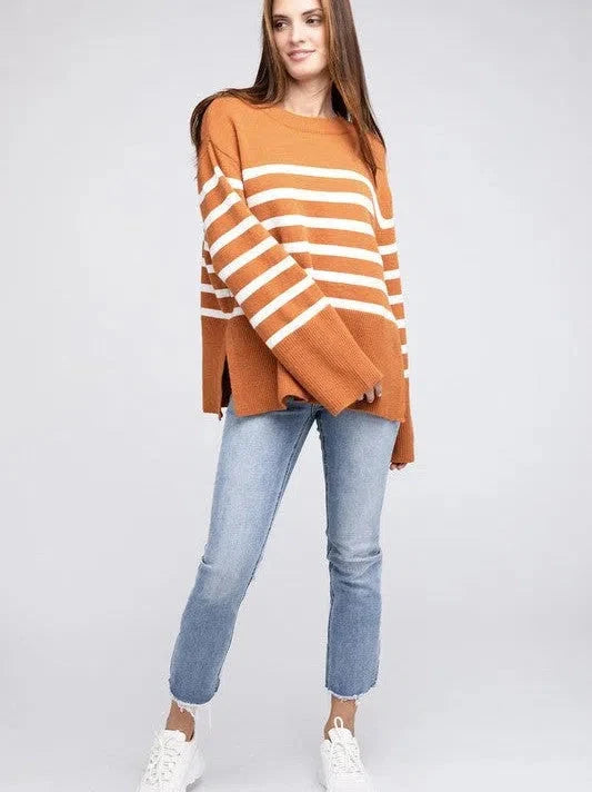 Oversized Ribbed Hem Striped Sweater