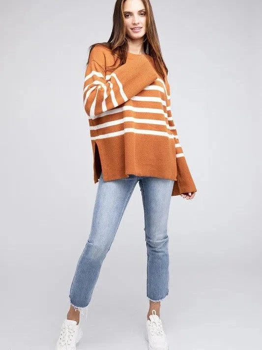 Oversized Ribbed Hem Striped Sweater