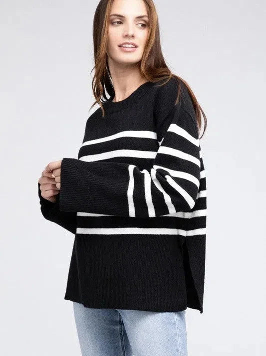 Oversized Ribbed Hem Striped Sweater
