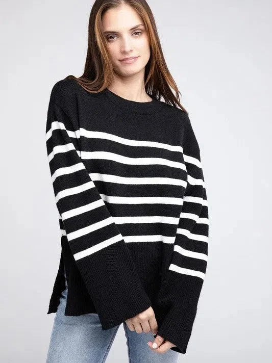 Oversized Ribbed Hem Striped Sweater