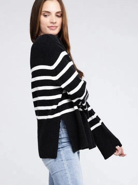 Oversized Ribbed Hem Striped Sweater