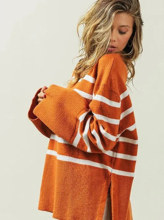Oversized Ribbed Hem Striped Sweater