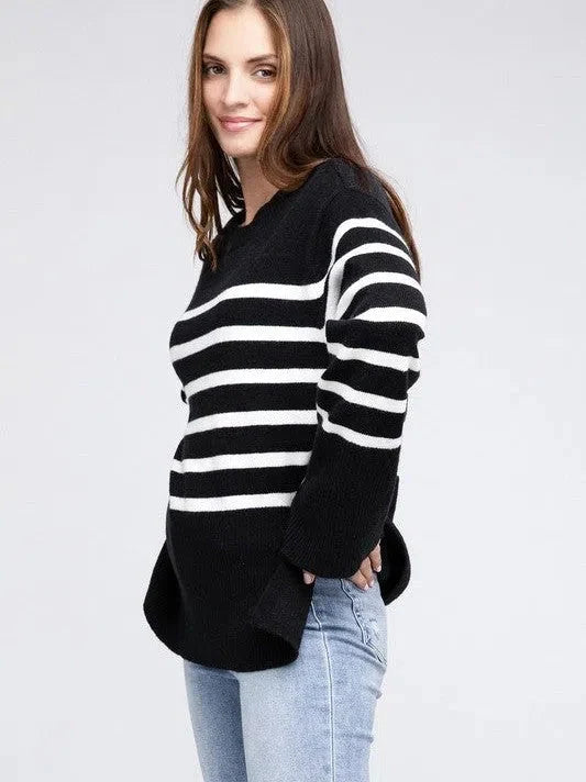 Oversized Ribbed Hem Striped Sweater