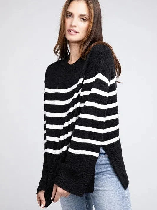 Oversized Ribbed Hem Striped Sweater