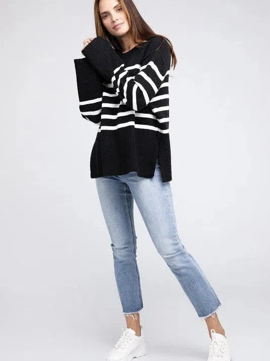 Oversized Ribbed Hem Striped Sweater
