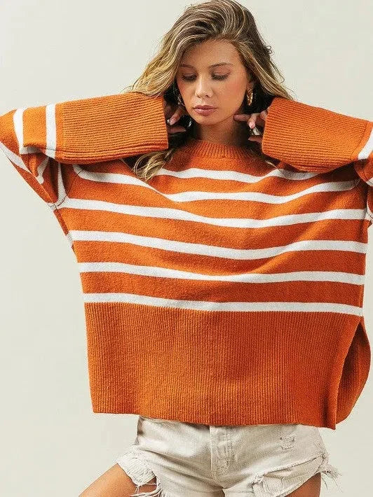 Oversized Ribbed Hem Striped Sweater
