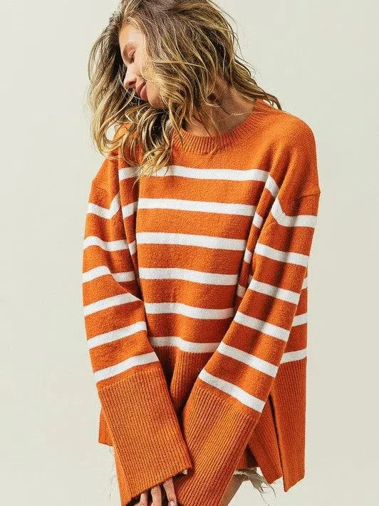 Oversized Ribbed Hem Striped Sweater