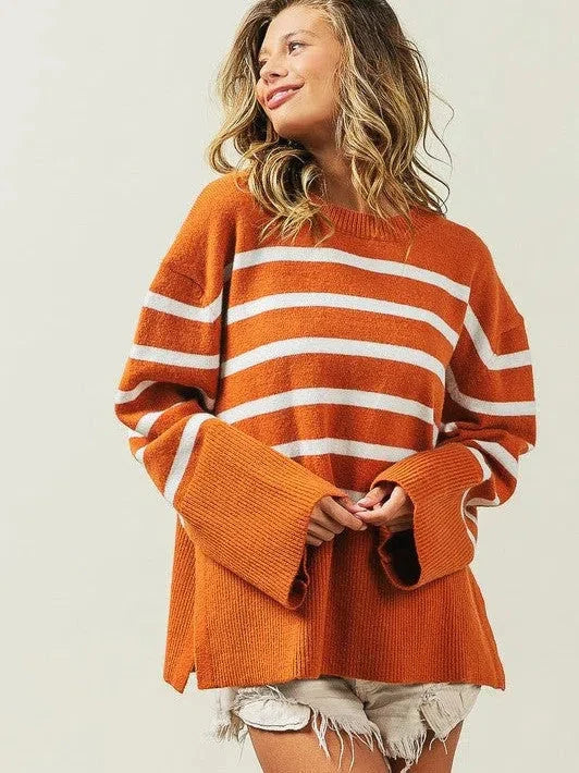 Oversized Ribbed Hem Striped Sweater