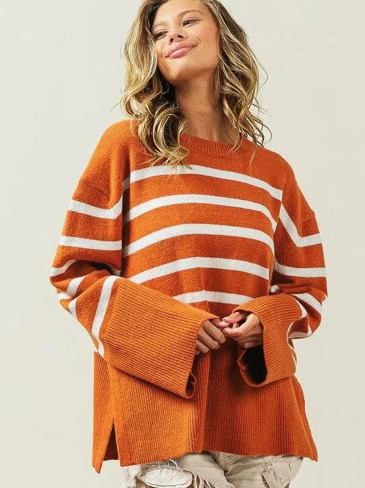 Oversized Ribbed Hem Striped Sweater