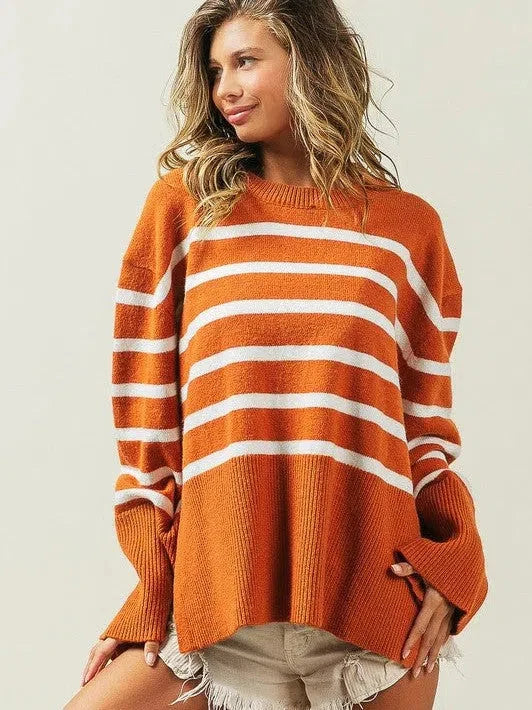 Oversized Ribbed Hem Striped Sweater