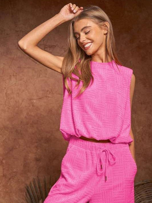 Velvet Sleeveless High Neck Top and Wide Leg Pants Set