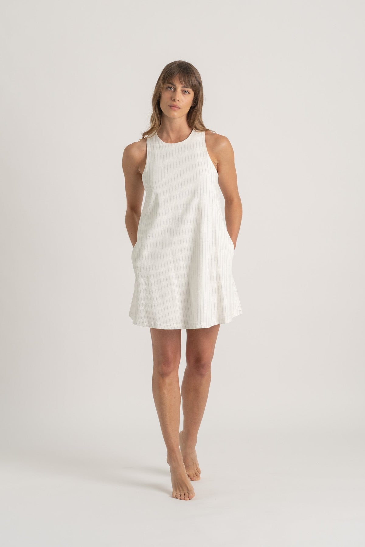 Linen Mini Dress Black Pinstripe