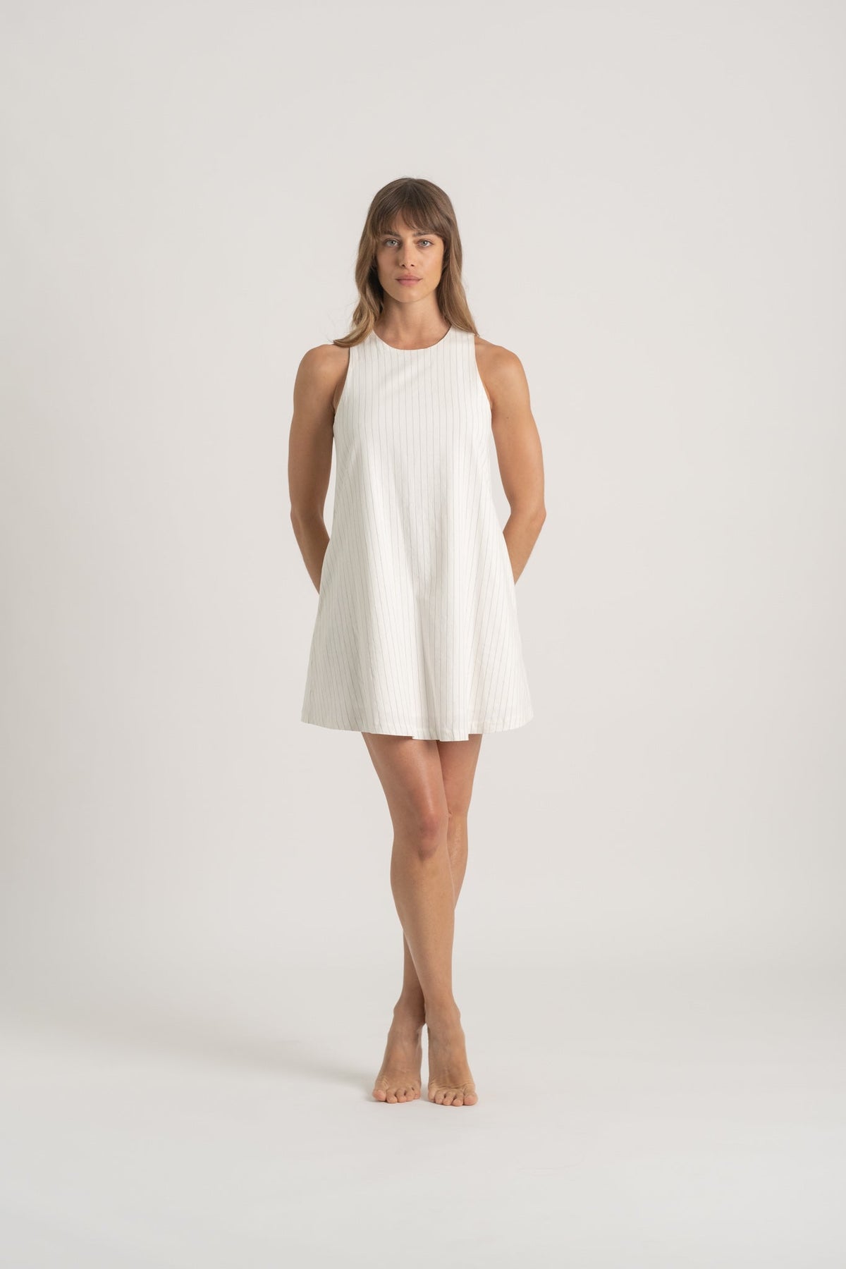 Linen Mini Dress Black Pinstripe