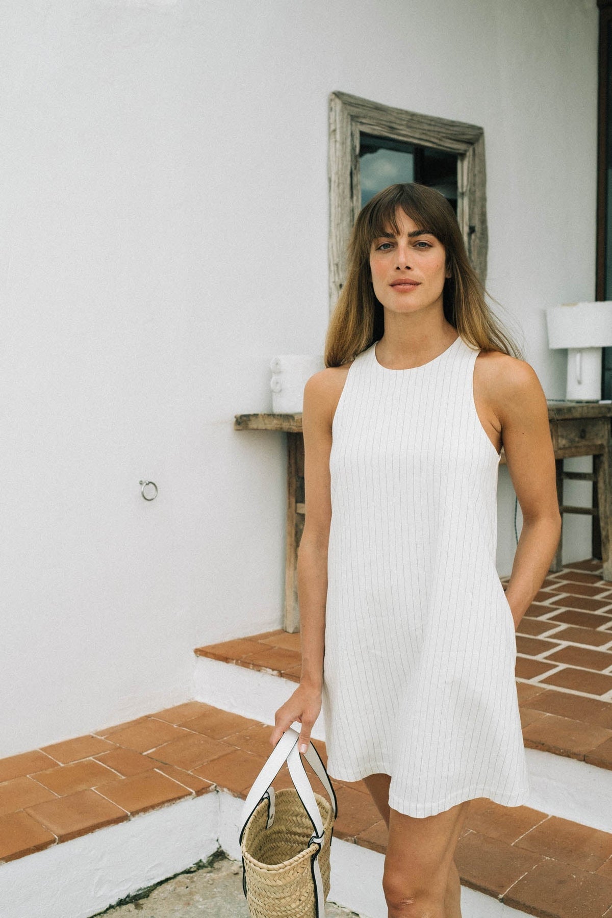Linen Mini Dress Black Pinstripe