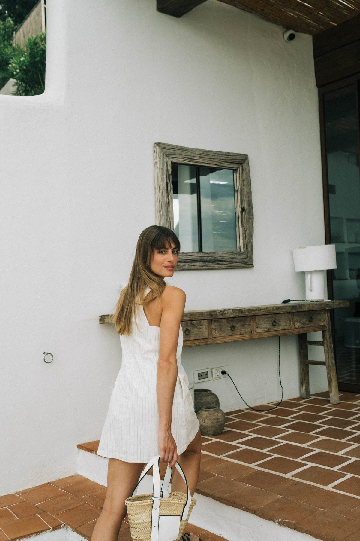 Linen Mini Dress Black Pinstripe