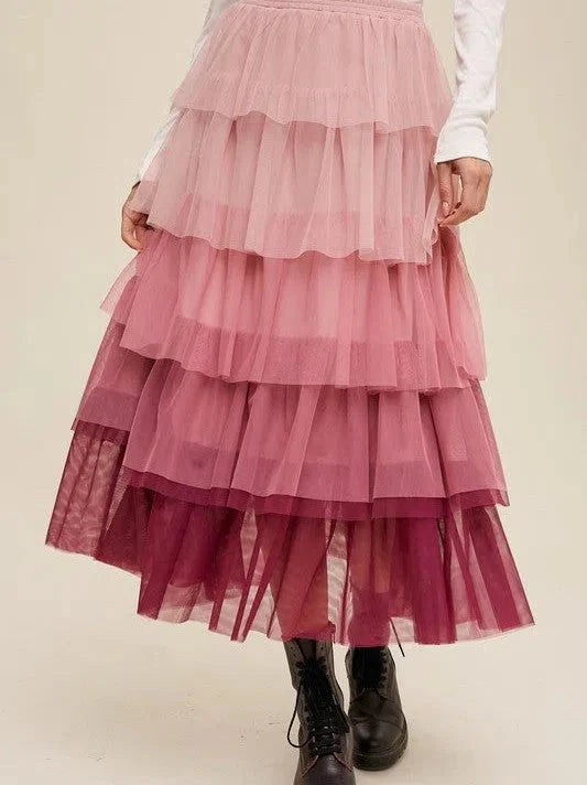 Gradient Tiered Mesh Maxi Skirt