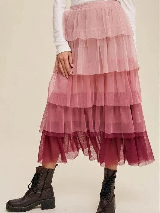 Gradient Tiered Mesh Maxi Skirt