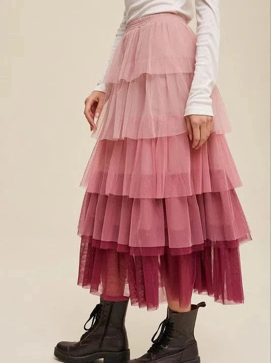 Gradient Tiered Mesh Maxi Skirt