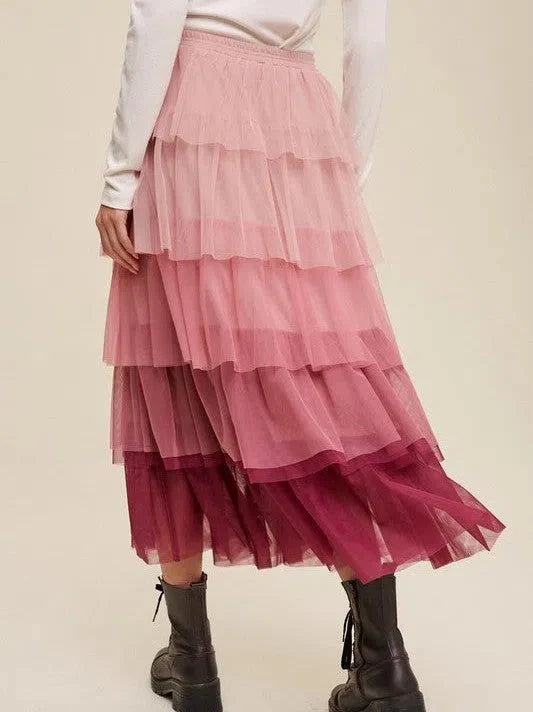 Gradient Tiered Mesh Maxi Skirt